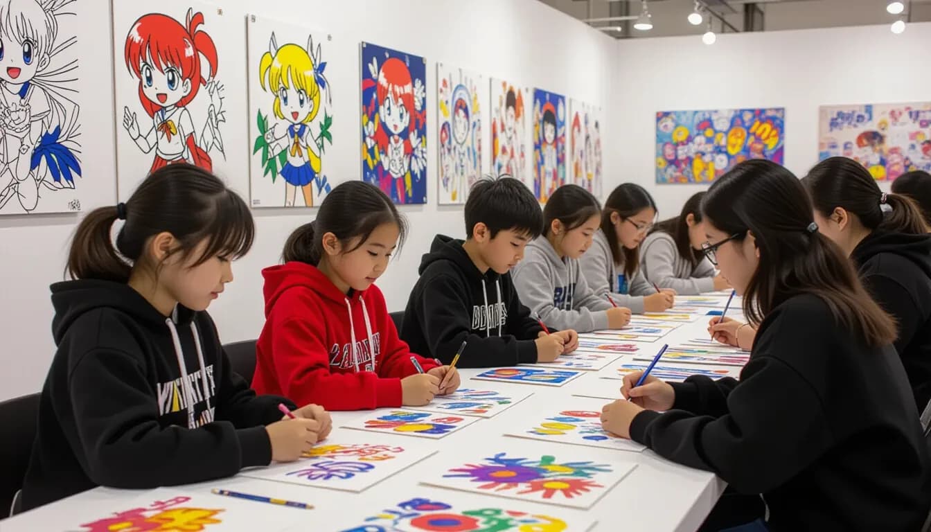 A child exploring colorful paintings at a Japanese art museum exhibition