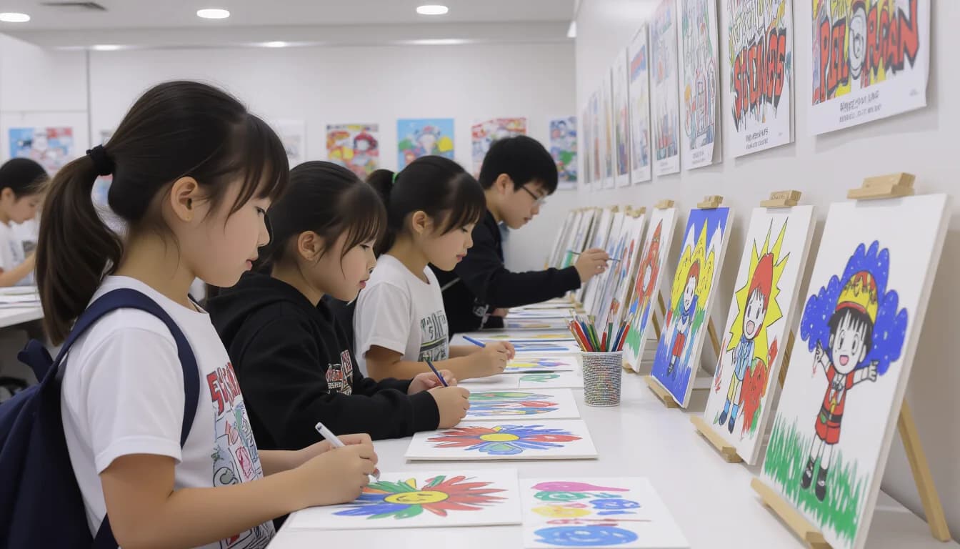 Children displaying their colorful artwork at an art competition in Japan