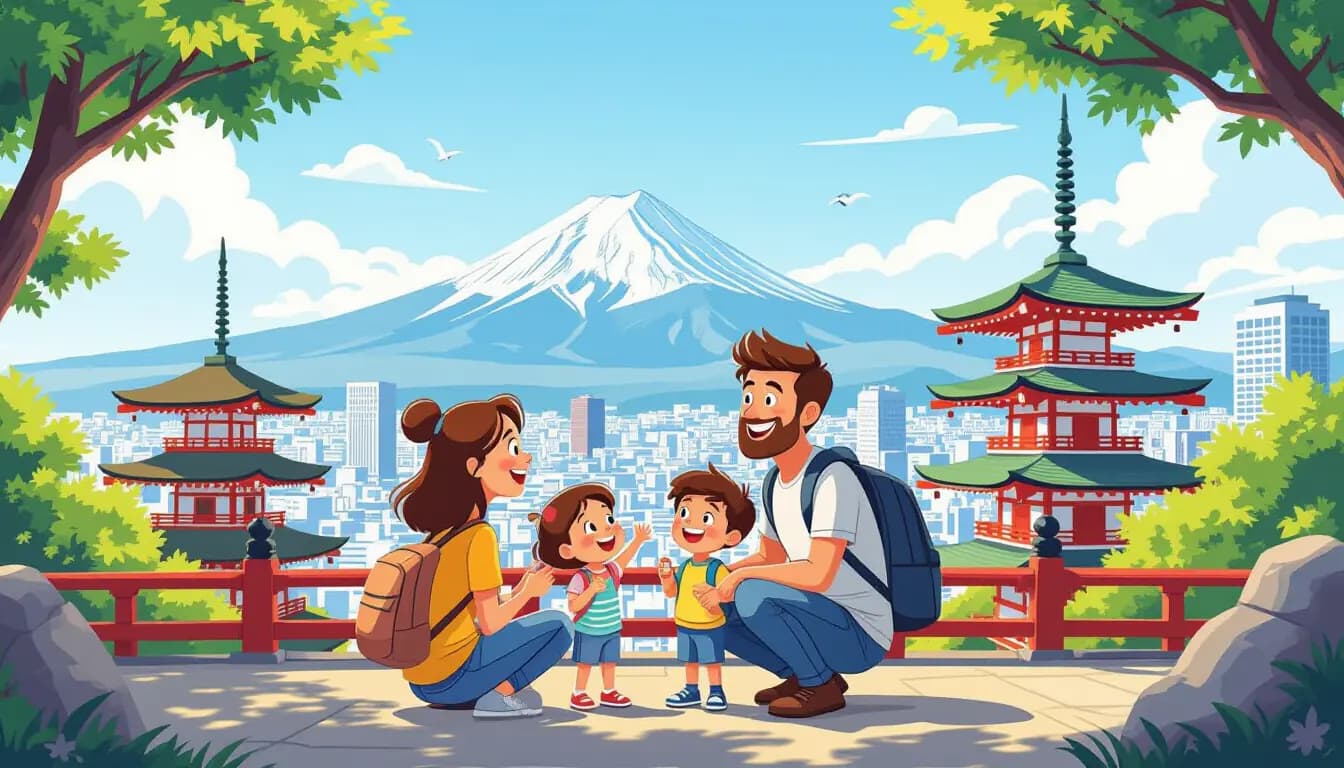 Family exploring Japan with children at a traditional temple and beautiful nature scenery