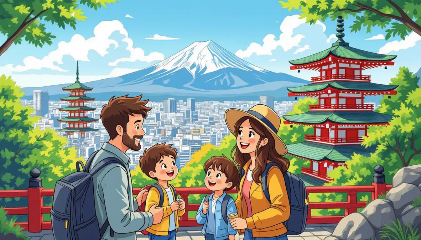 Children enjoying family travel in Japan, cherry blossoms, and cultural landmarks