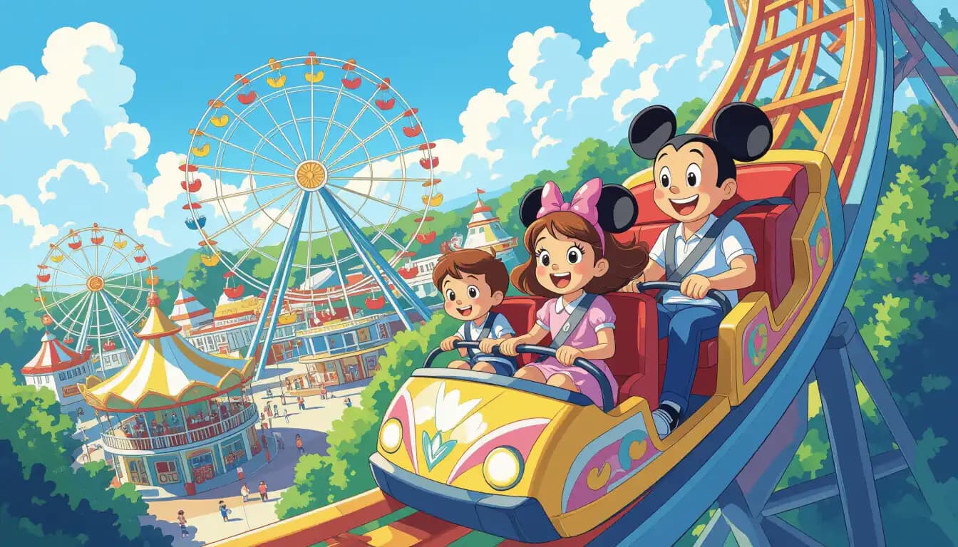 Children enjoying rides at a colorful theme park in Japan