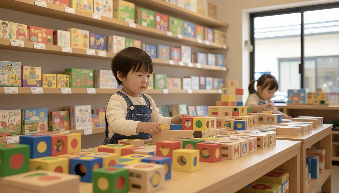 Colorful toddler toys and wooden blocks in a bright Japanese toy store