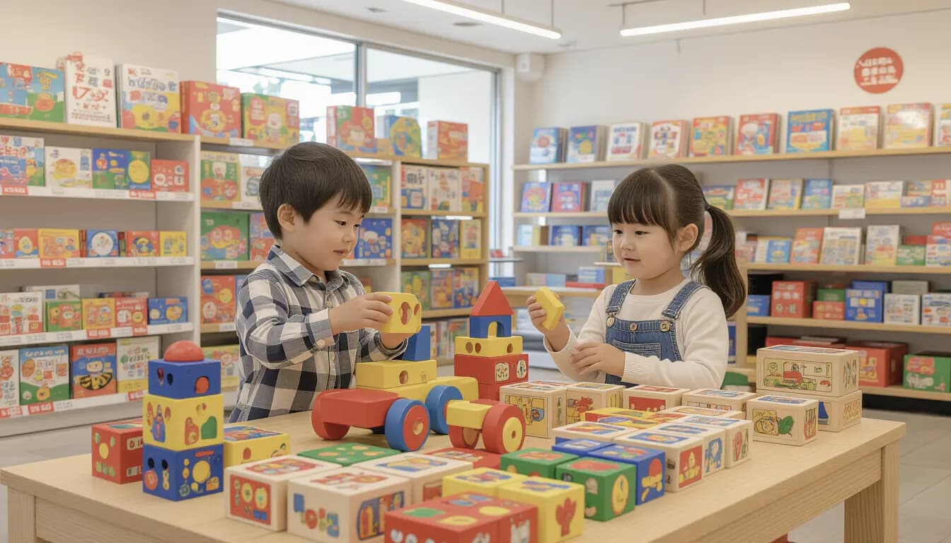 A toddler happily playing with colorful Japanese Anpanman toys at home