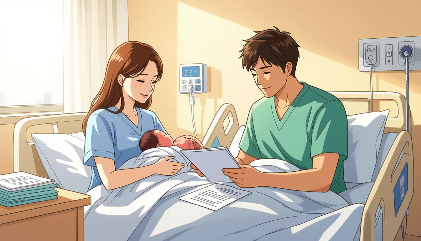 Application forms for Japan lump-sum birth allowance spread on a desk with a health insurance card