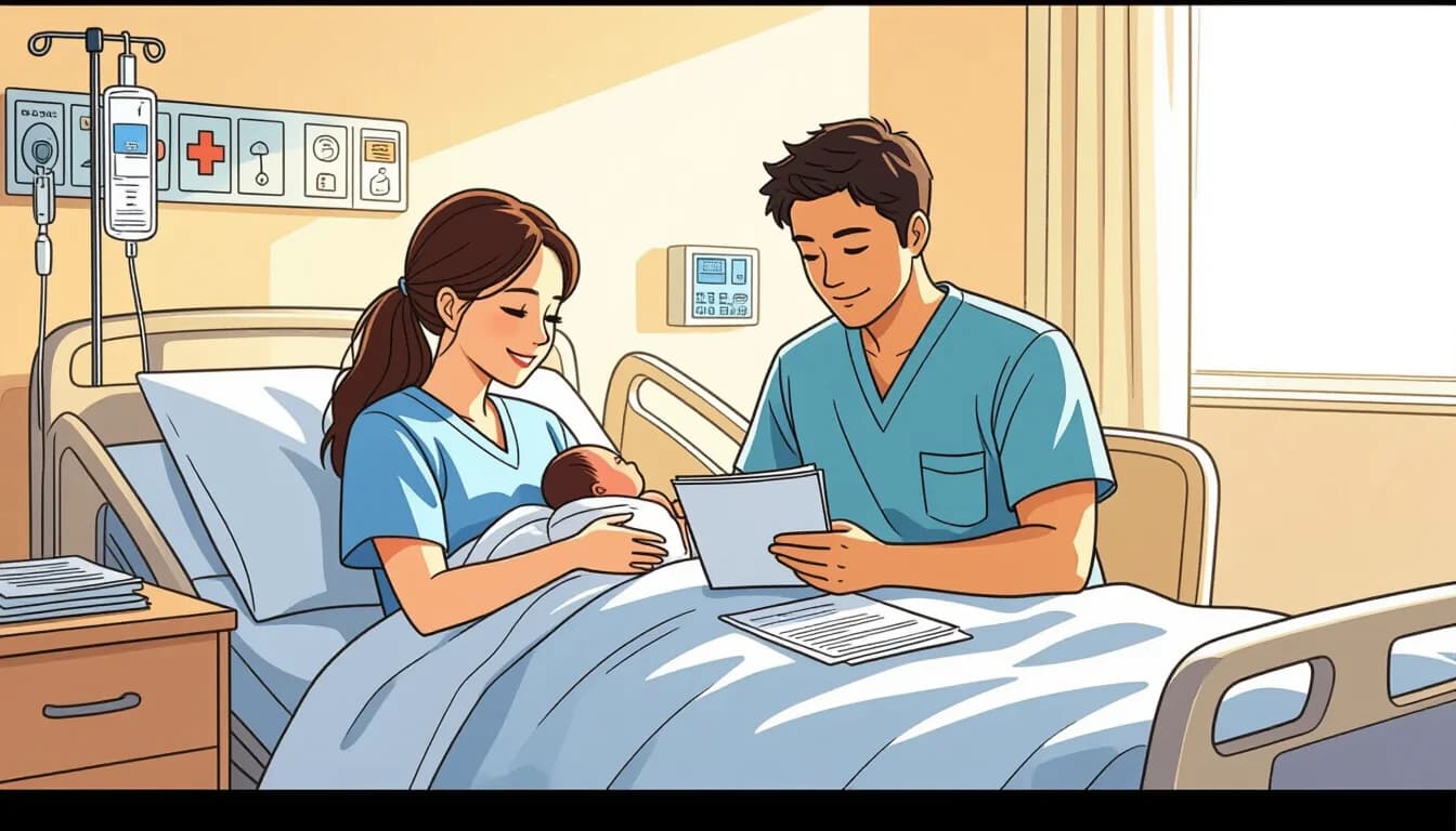 A foreign couple in a Japanese hospital holding their newborn baby, with paperwork on the bedside table