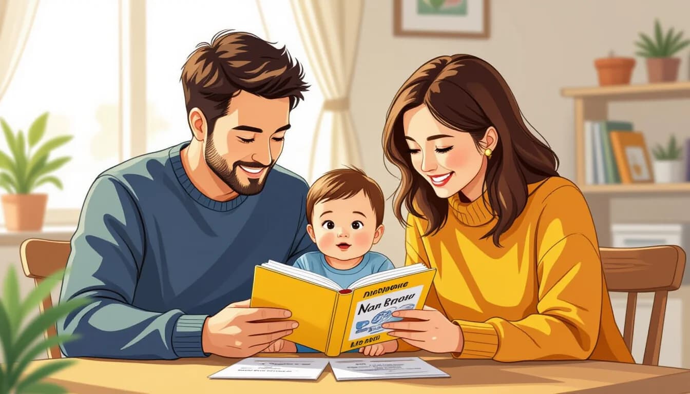 A multicultural family looking at a name book together in Japan