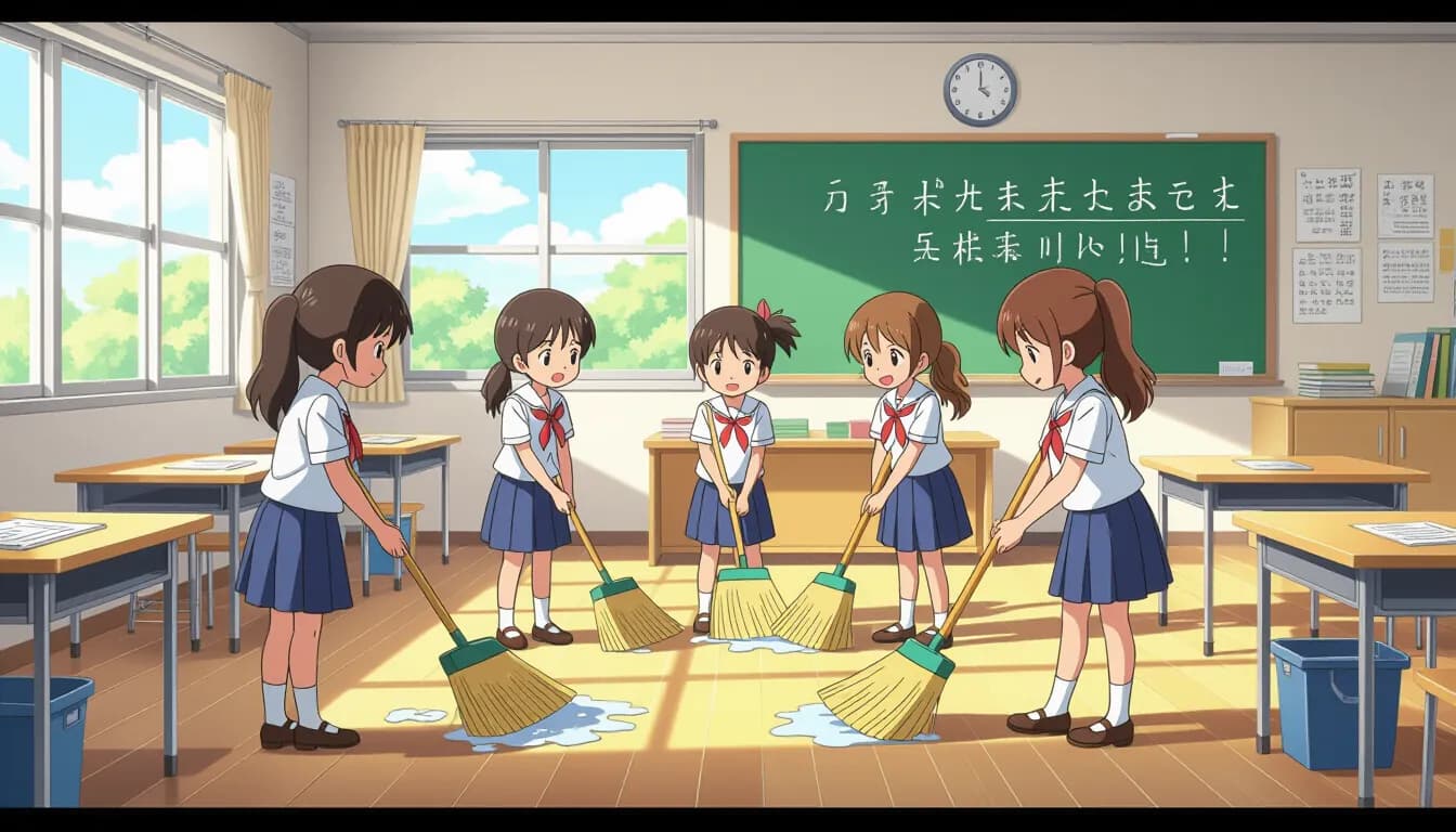 Elementary school children in Japan cleaning the classroom floor during daily souji routine