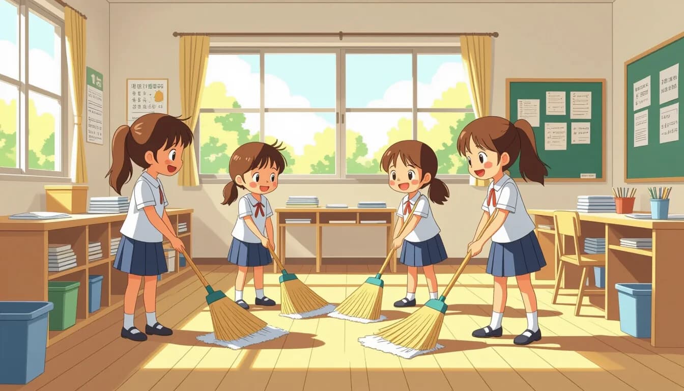 Japanese students cleaning their school hallway during souji time