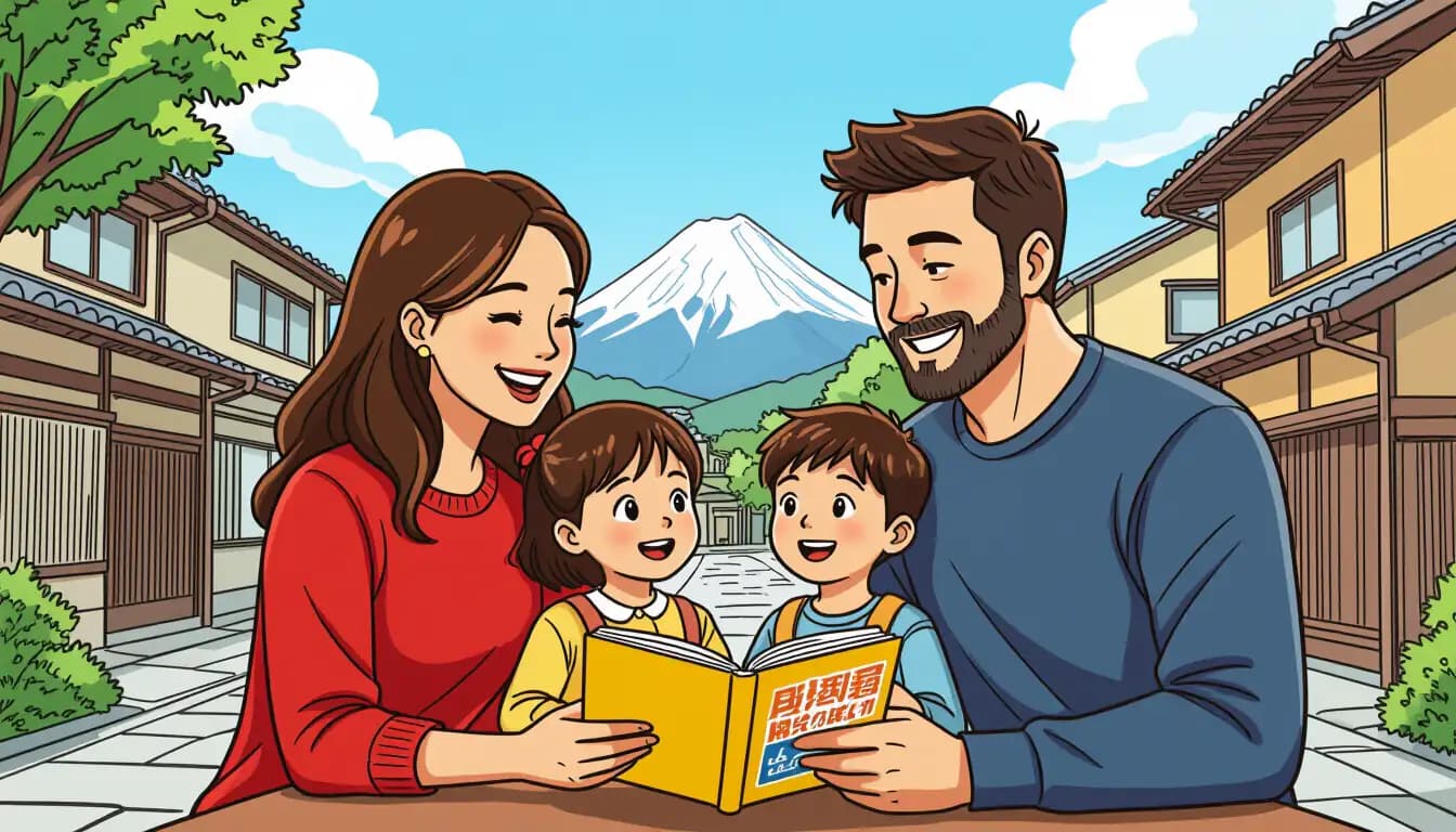 Bilingual children reading books in two languages at home in Japan