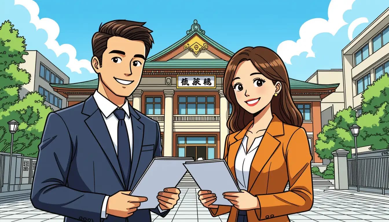 International couple reviewing legal documents at a table in Japan