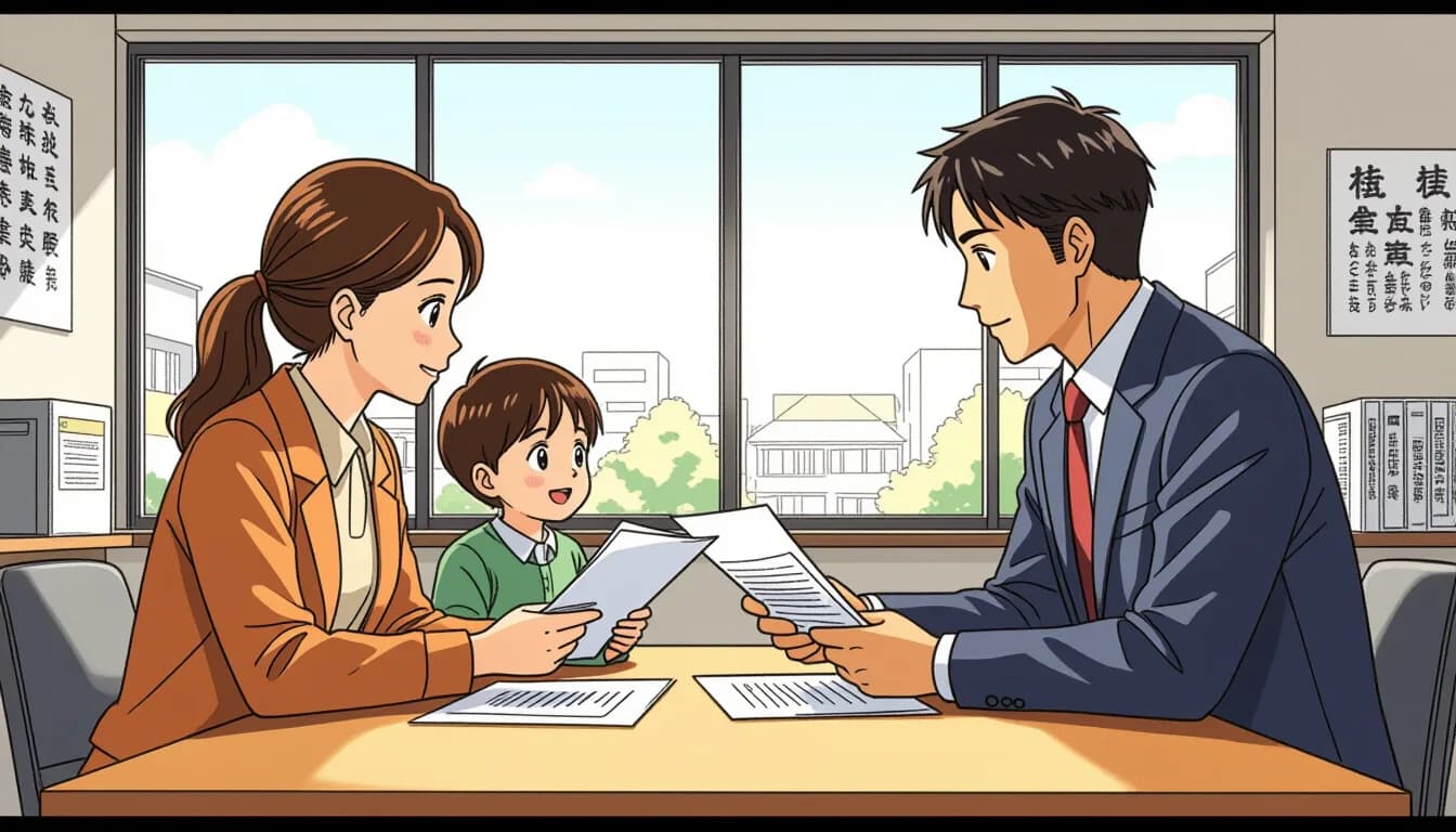 Japanese family consulting at city hall about child benefits