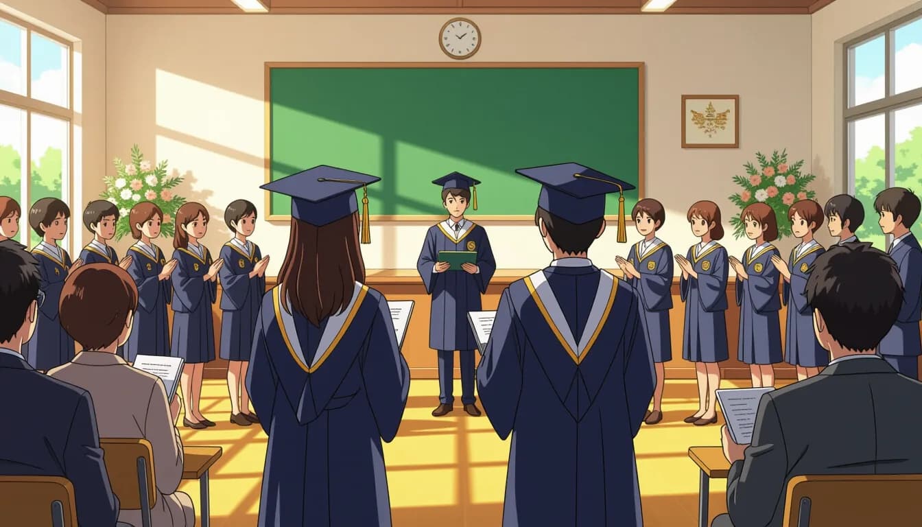 Foreign parent attending Japanese graduation ceremony with formal attire alongside Japanese families in gymnasium