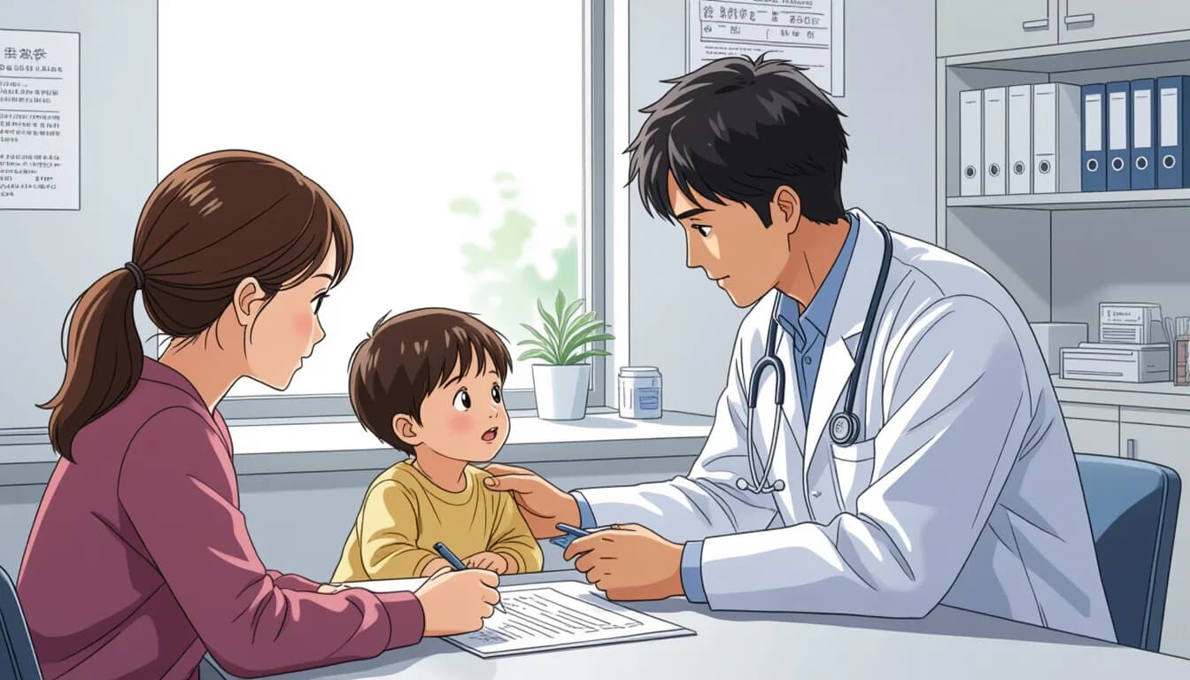 Parent and child at a Japanese hospital registration desk