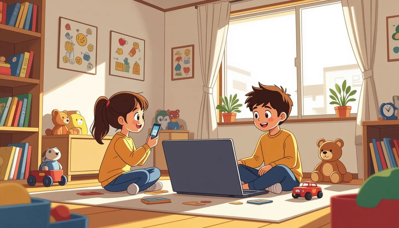 Happy child with new and old friends, smiling and connected