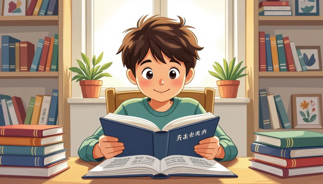 Bilingual child studying with Japanese and English books
