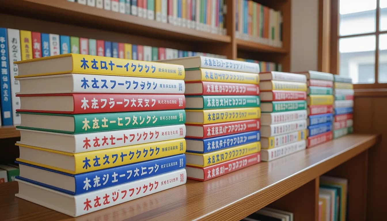 Colorful Japanese ehon picture books stacked on a wooden desk with hiragana text visible