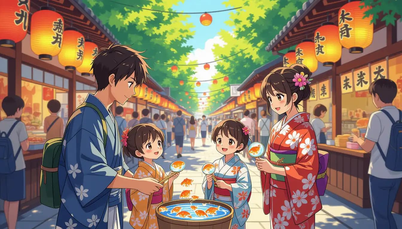 Children in yukata participating in a bon odori circle dance at a local community festival