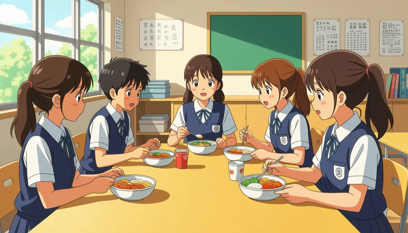 Japanese school students serving kyushoku lunch in their classroom