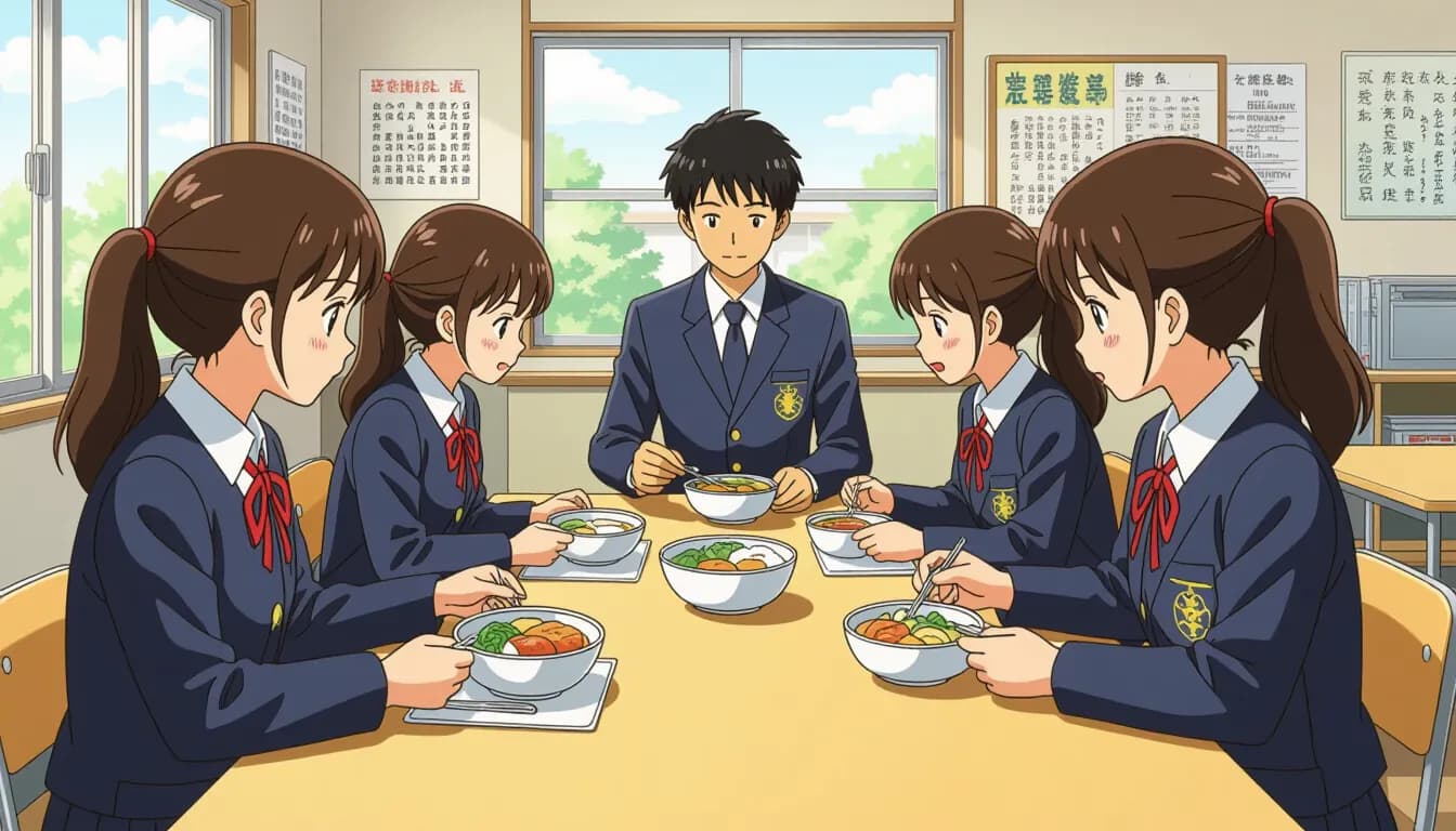 A typical Japanese kyushoku tray with rice, fish, soup, and vegetables