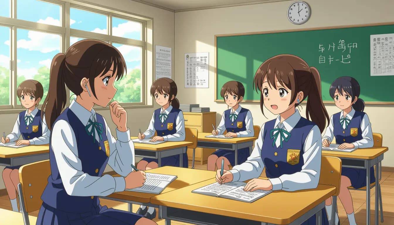 Japanese elementary school students in uniform studying in a bright classroom