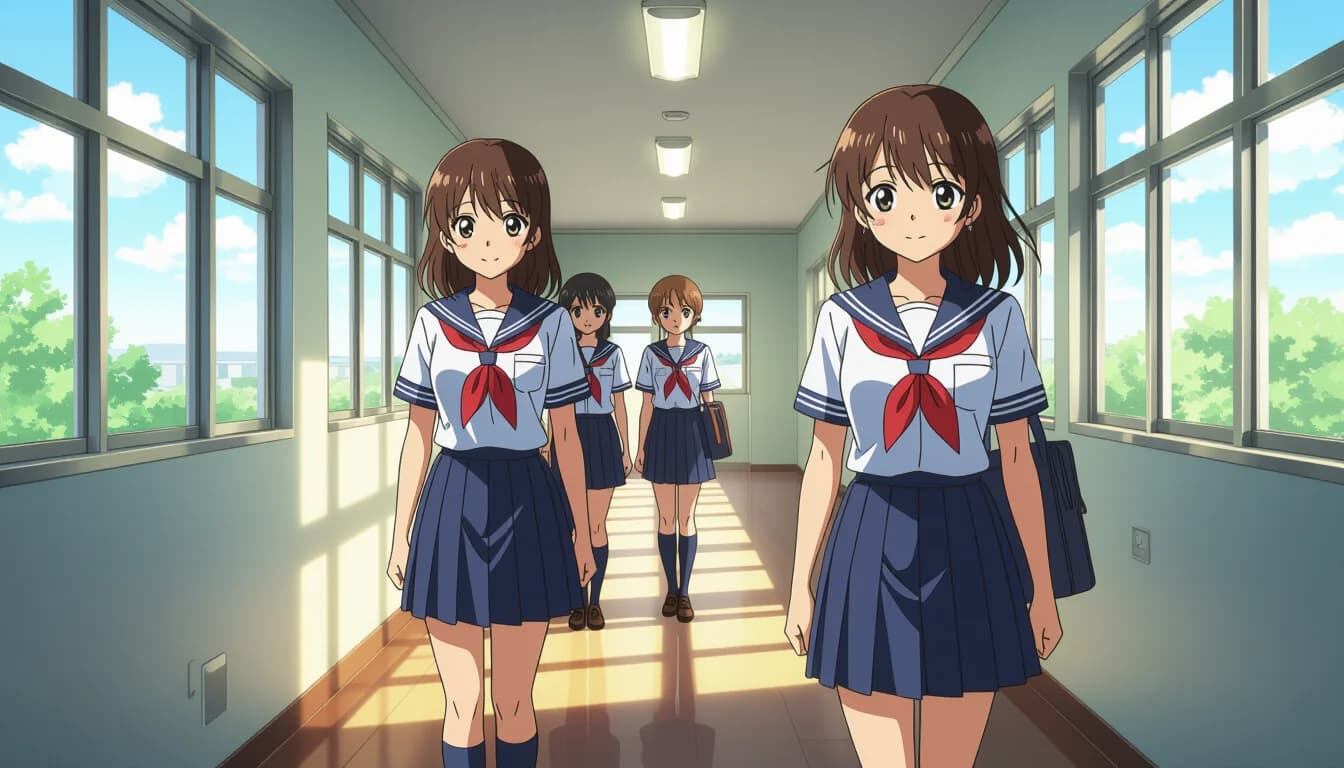 Japanese junior high school students in uniform walking to school in Japan
