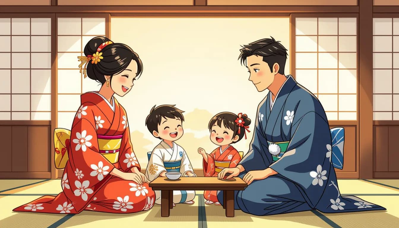 Bicultural family celebrating Shichi-Go-San in Japan, with parents wearing kimono and Western dress