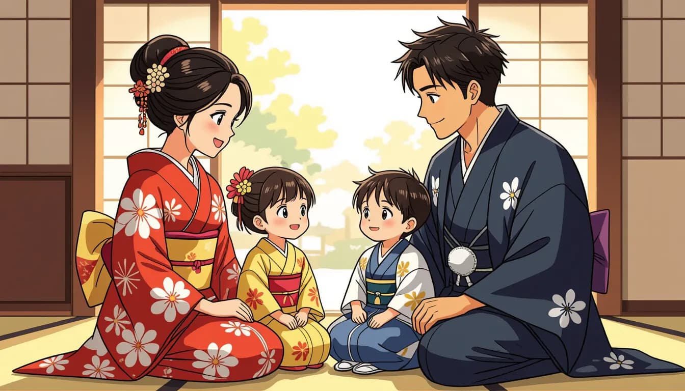 Family lighting lanterns at a Japanese shrine during a traditional milestone ceremony