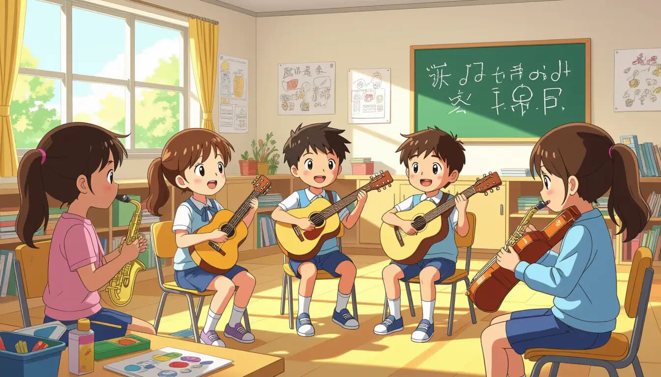 Students in a Japanese elementary school doing arts and crafts, working with colorful paints and clay