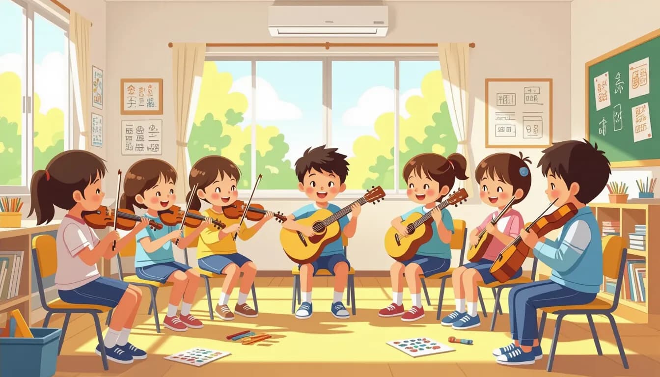 A bright Japanese elementary school music classroom with children playing recorders and keyboard harmonicas