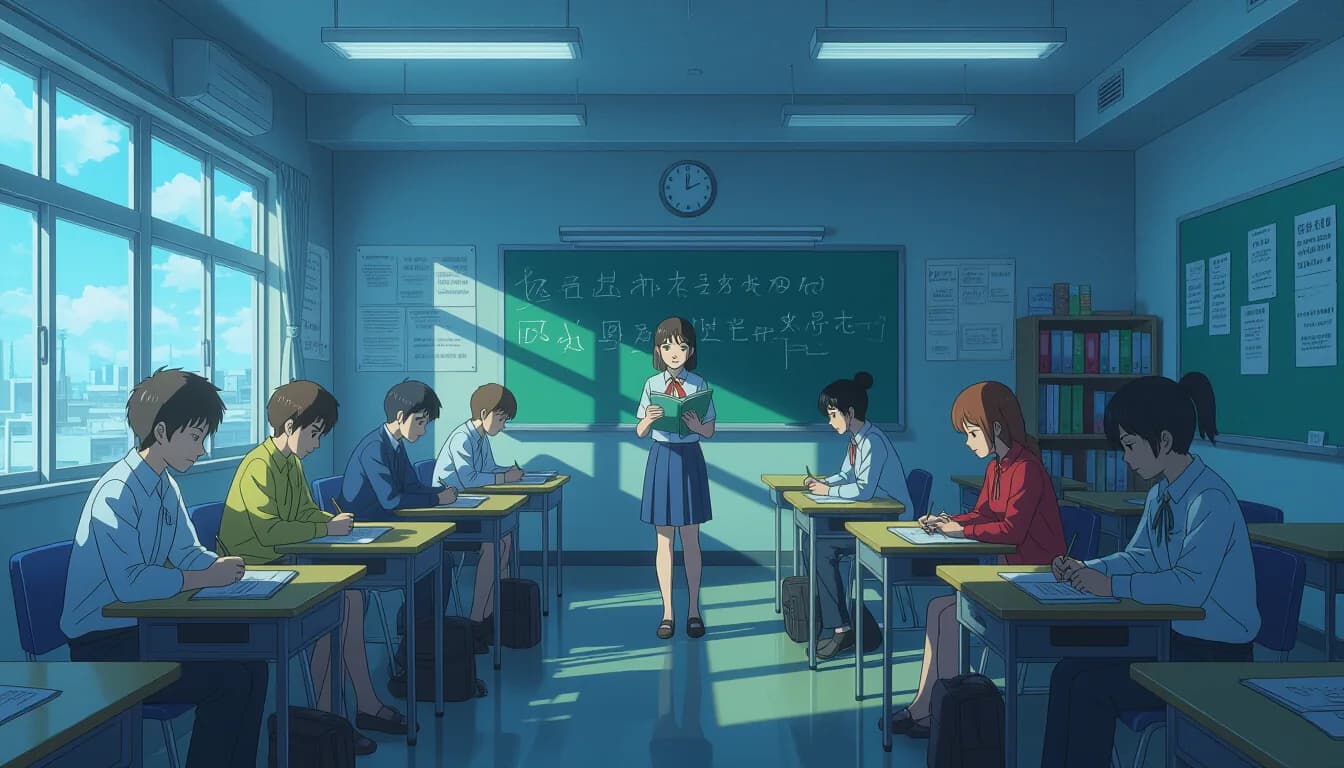 Students studying in a Japanese night school classroom with diverse backgrounds