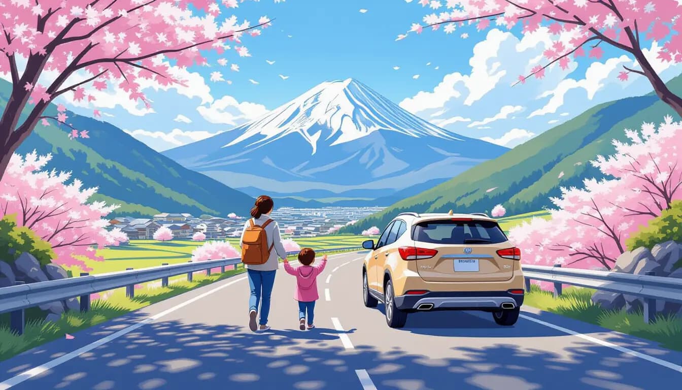 Scenic autumn road through Japanese maple trees with family car