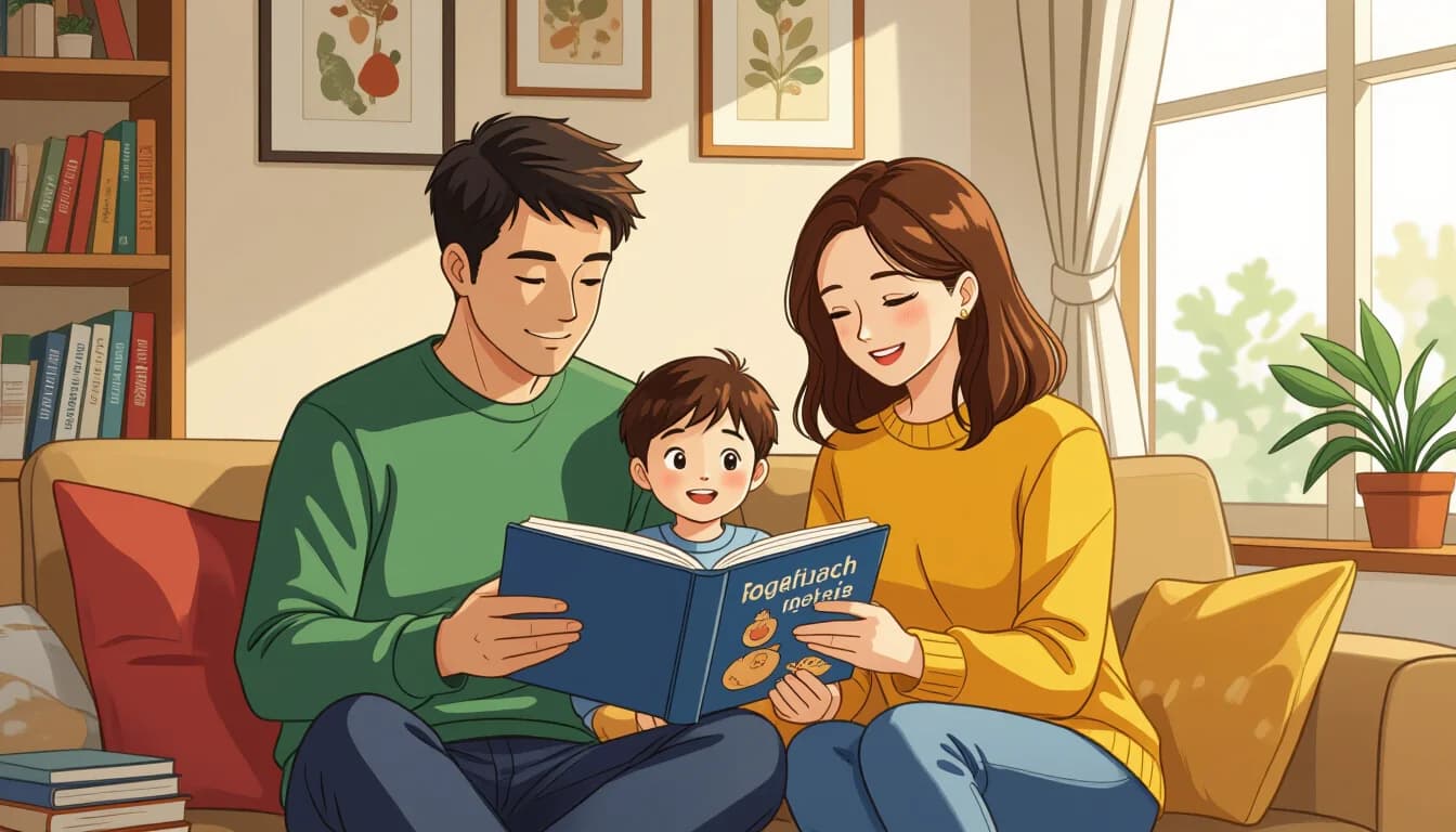 Multilingual children's books and educational materials in Japanese, English, and French arranged on a bookshelf