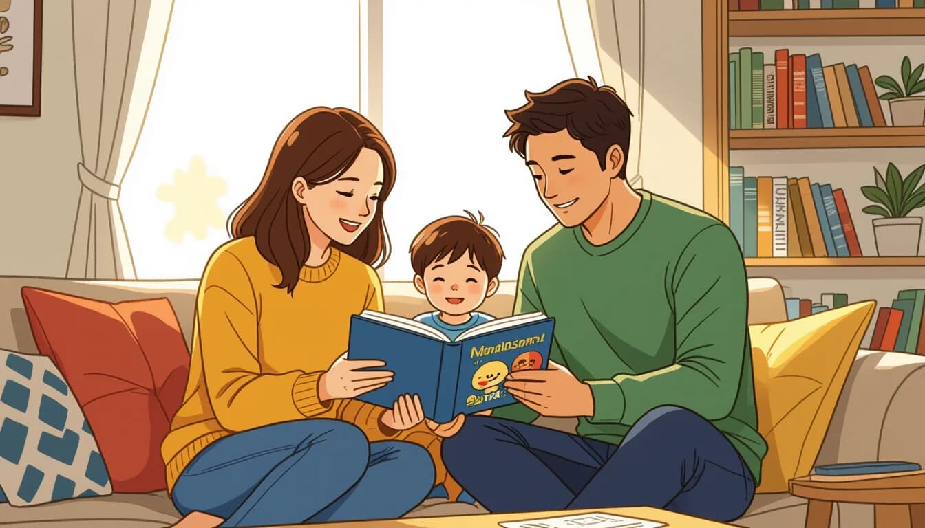 A trilingual family reading together at home in Japan, surrounded by books in multiple languages