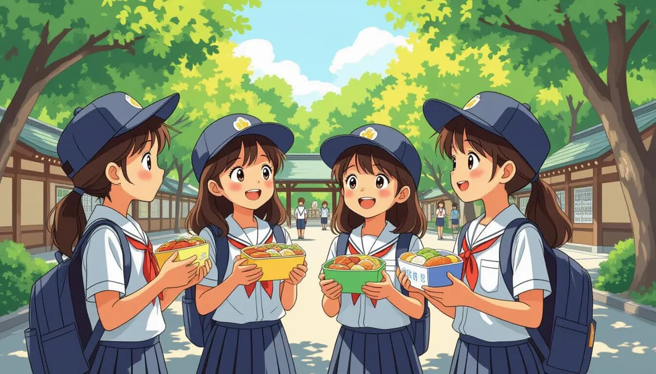 School children preparing bento boxes and packing for a Japanese field trip