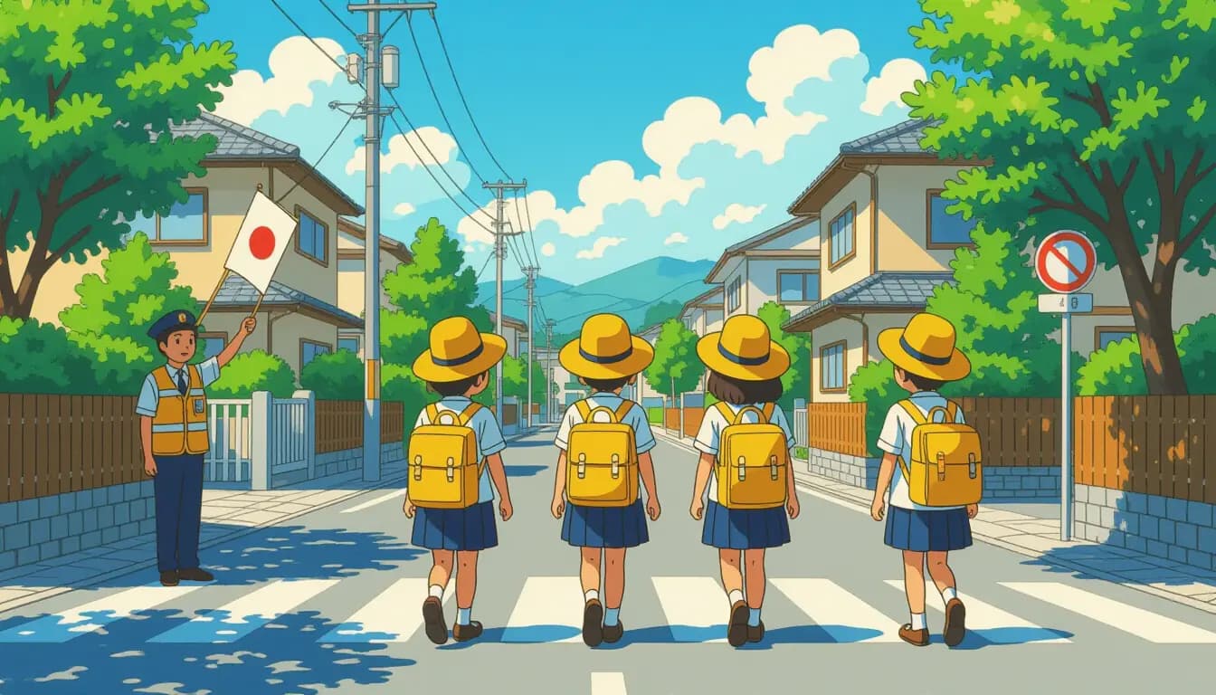A randoseru backpack and yellow safety hat laid out, symbols of Japanese children's school independence