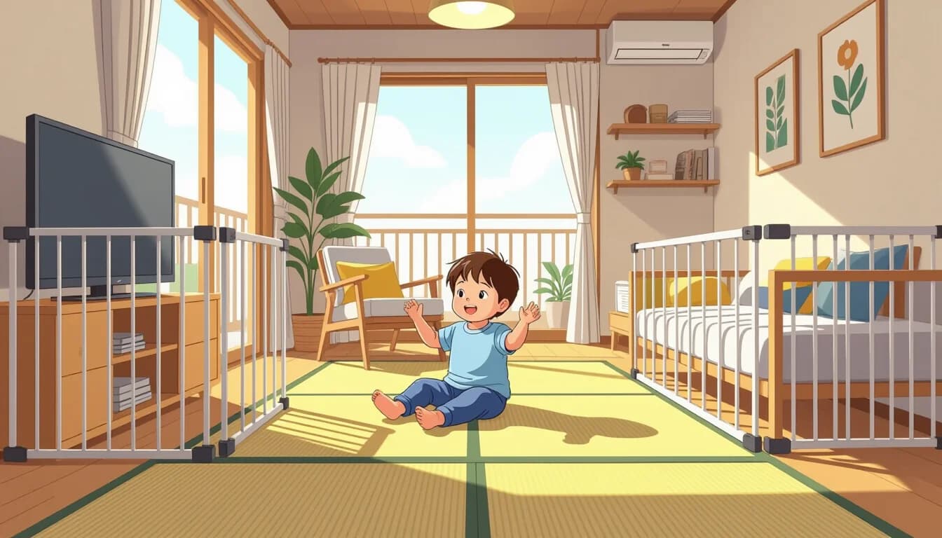 Baby gate installed at a Japanese apartment balcony sliding door