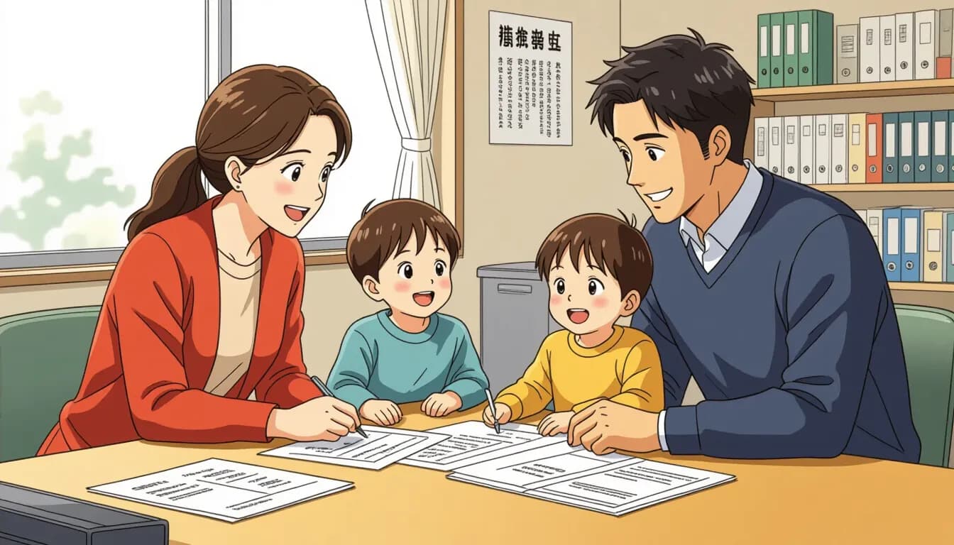 A bright and welcoming Tokyo hoikuen classroom with colorful toys and caring staff