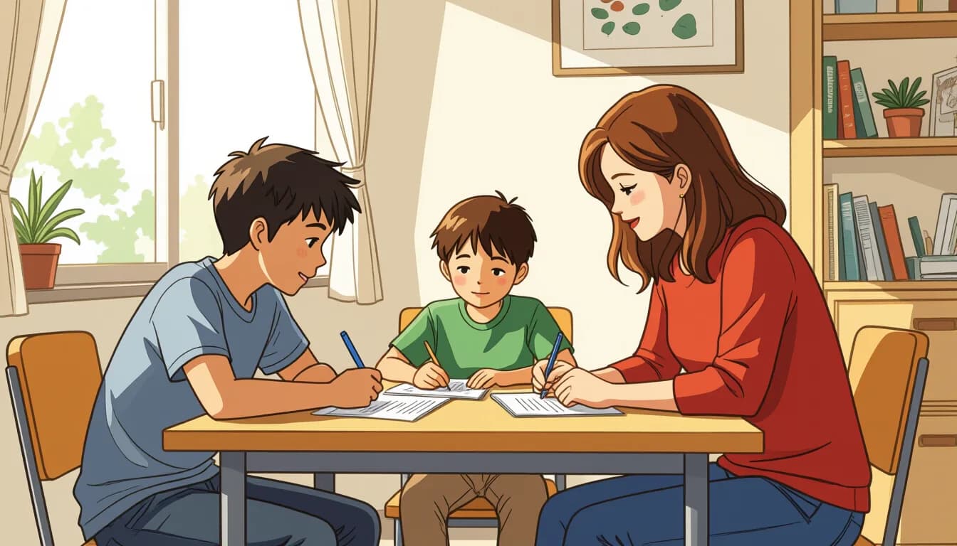 Child with ADHD doing homework with parent in Japan