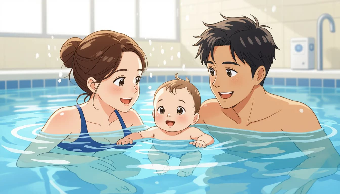 Parent helping toddler learn to swim at Japanese swim school