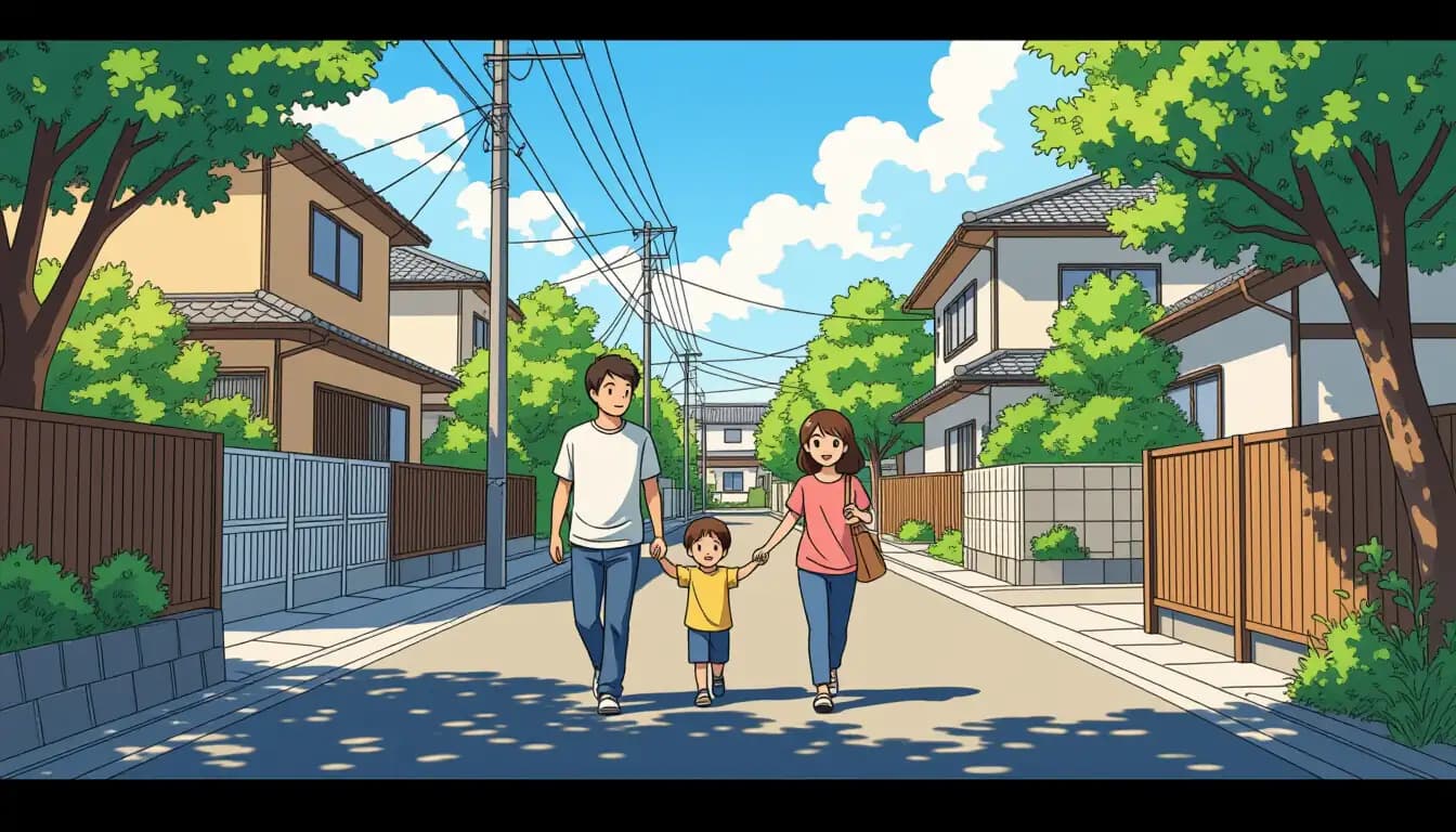 A family walking through a quiet tree-lined Tokyo residential street with children playing in the background