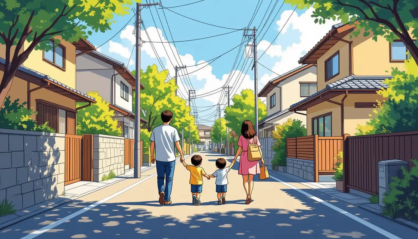 A family enjoying cherry blossom season in a Tokyo park with young children running on the grass