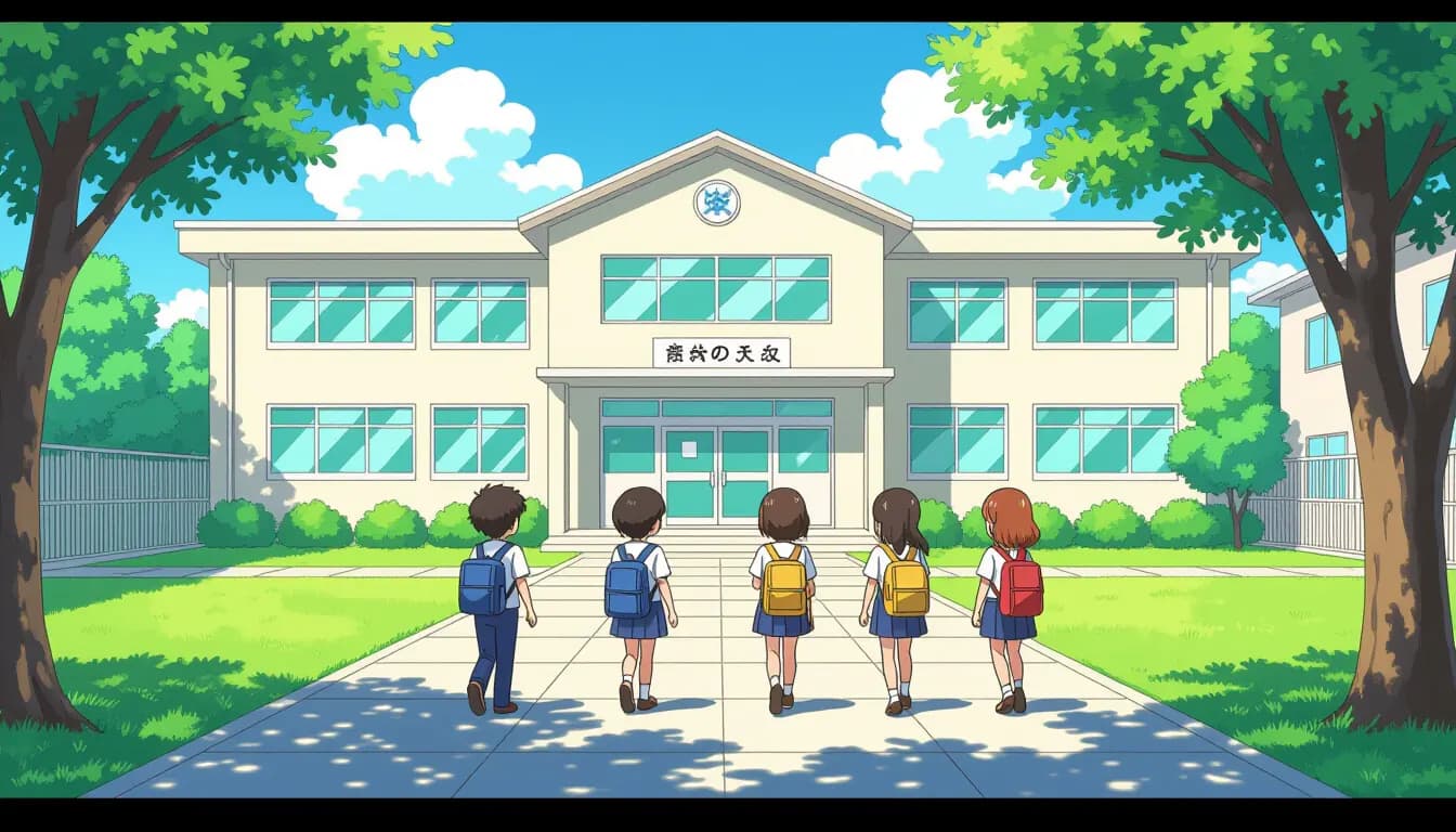 A child walking toward a new school building in Japan, representing a fresh start after bullying