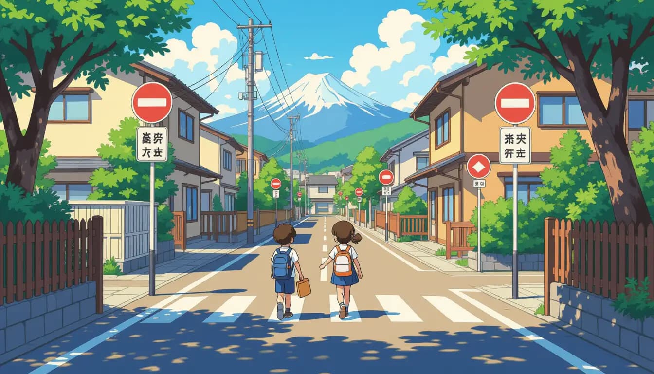 Children walking safely to school in Japan along a designated route with safety signs