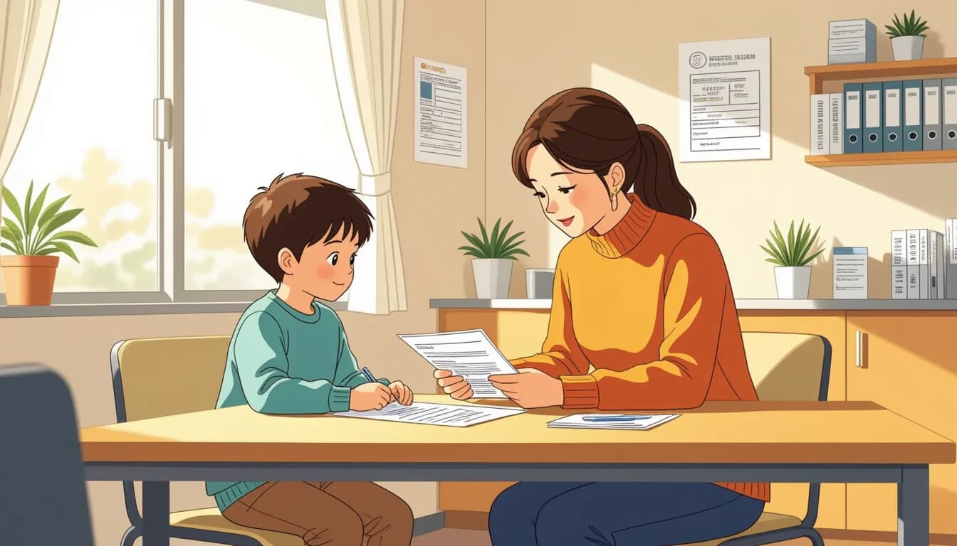Japanese child at a pediatric clinic with parent filling out health insurance forms