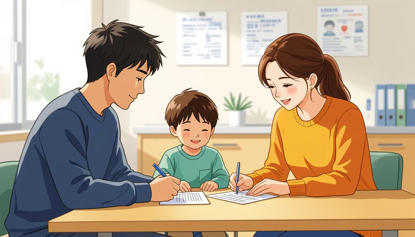 Parent reviewing child health insurance documents at a municipal office in Japan