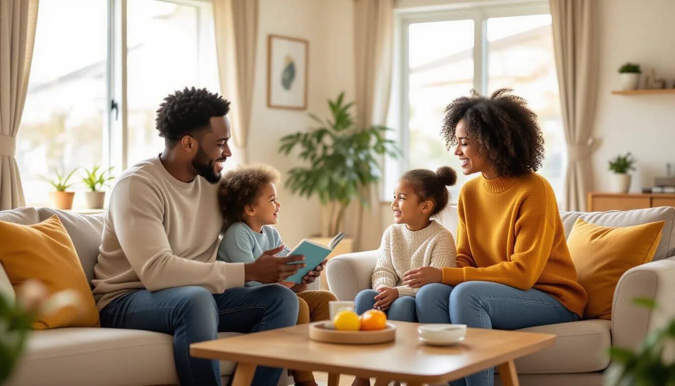Couple in Japan sitting together calmly and talking over tea, soft warm light, multicultural household
