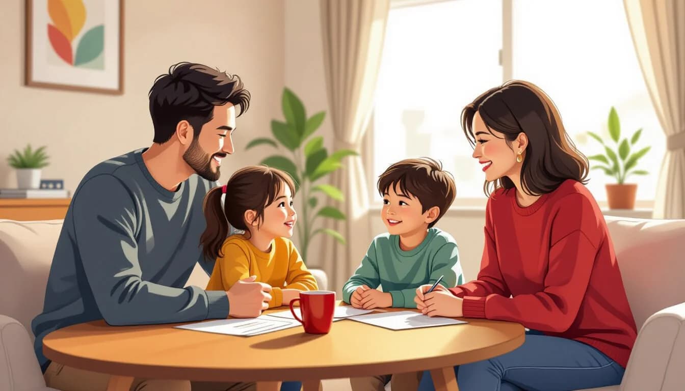 Multicultural family having a calm conversation at their home in Japan, warm and peaceful living room setting