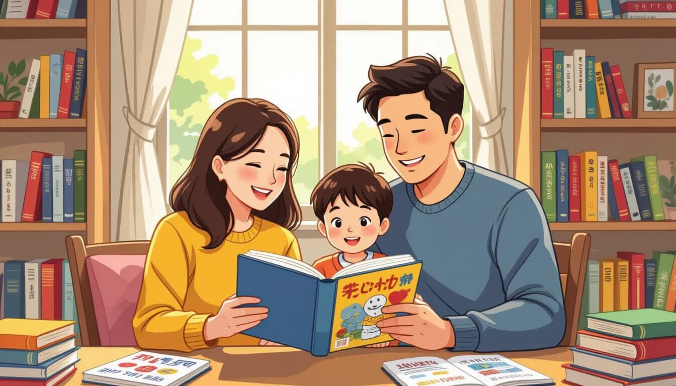 Diverse family reading together with Japanese and international books on a table in a cozy Japanese-style room