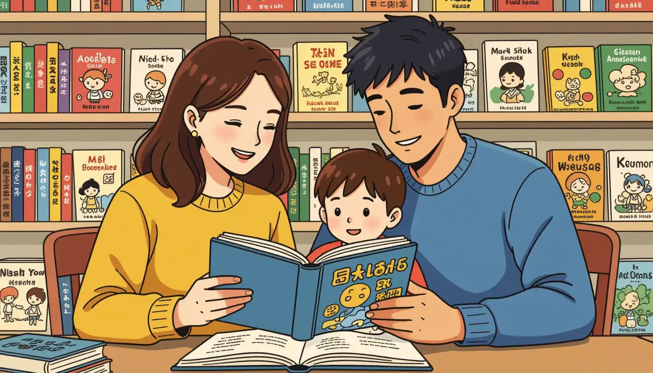Child reading Japanese picture books with parent, showing bilingual books in English and Japanese