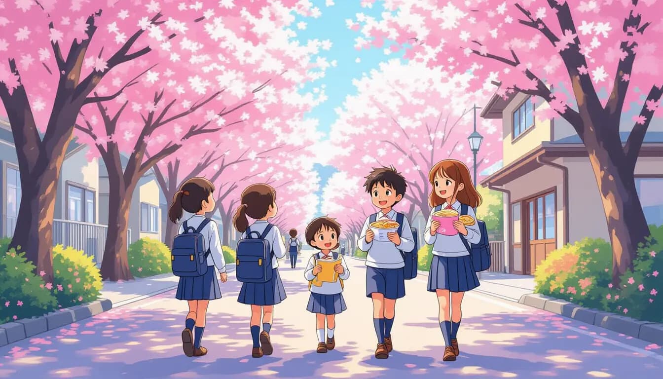 Foreign child in Japanese school uniform with backpack ready for first day of school